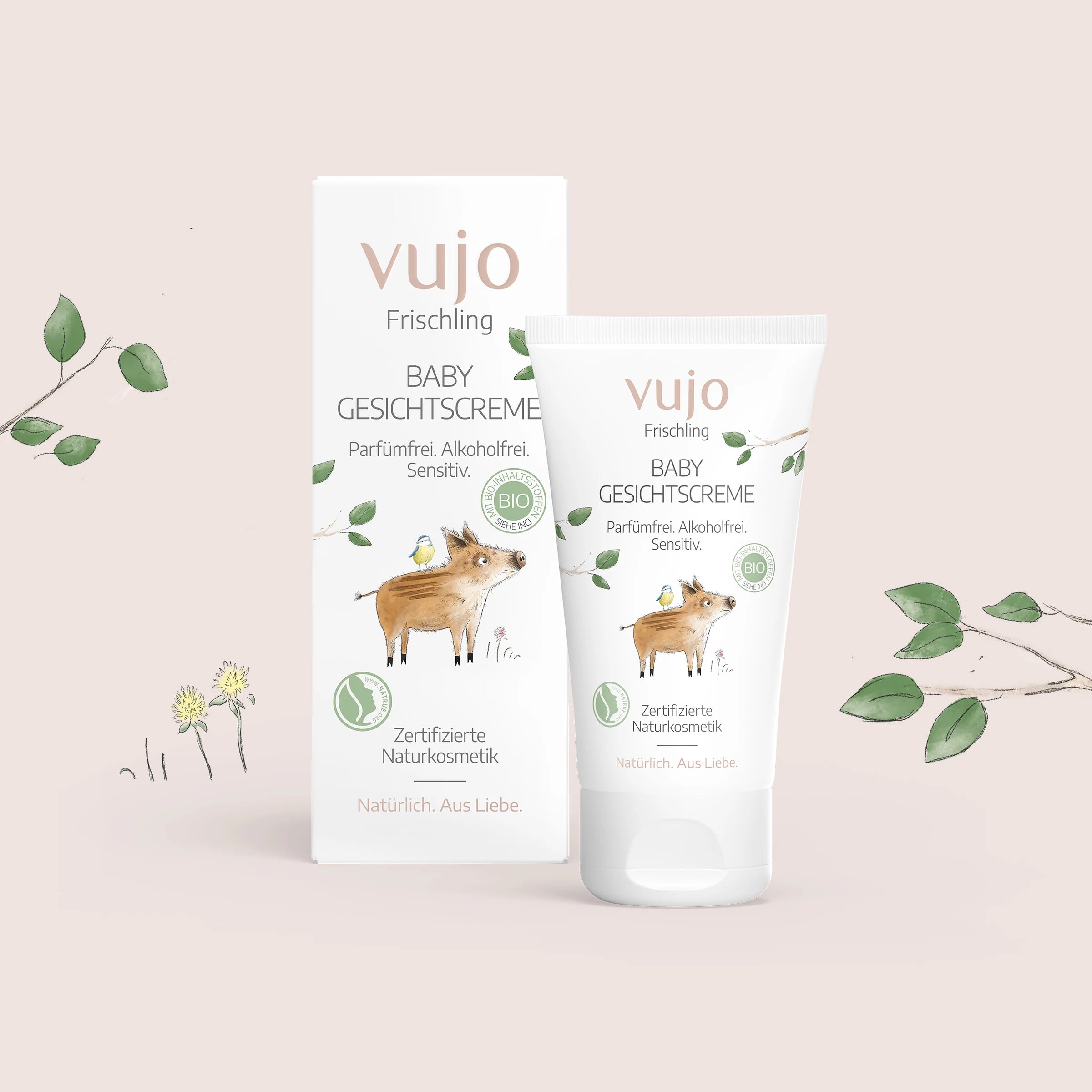Baby Gesichtscreme, Faltschachtel und Tube im Frischling-Design, NATRUE-zertifizierte Naturkosmetik von vujo