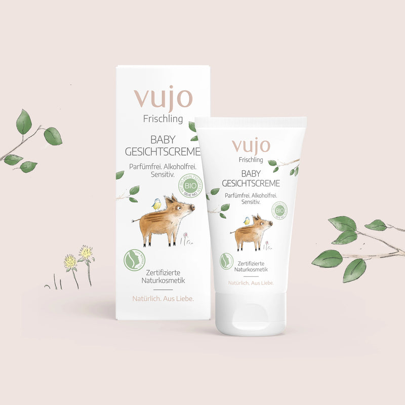 Baby Gesichtscreme, Faltschachtel und Tube im Frischling-Design, NATRUE-zertifizierte Naturkosmetik von vujo