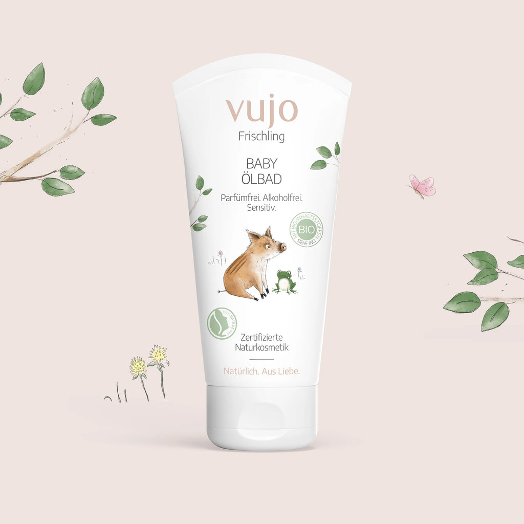 Baby Ölbad Tube im Frischling-Design, parfümfreie rückfettende Naturkosmetik von vujo