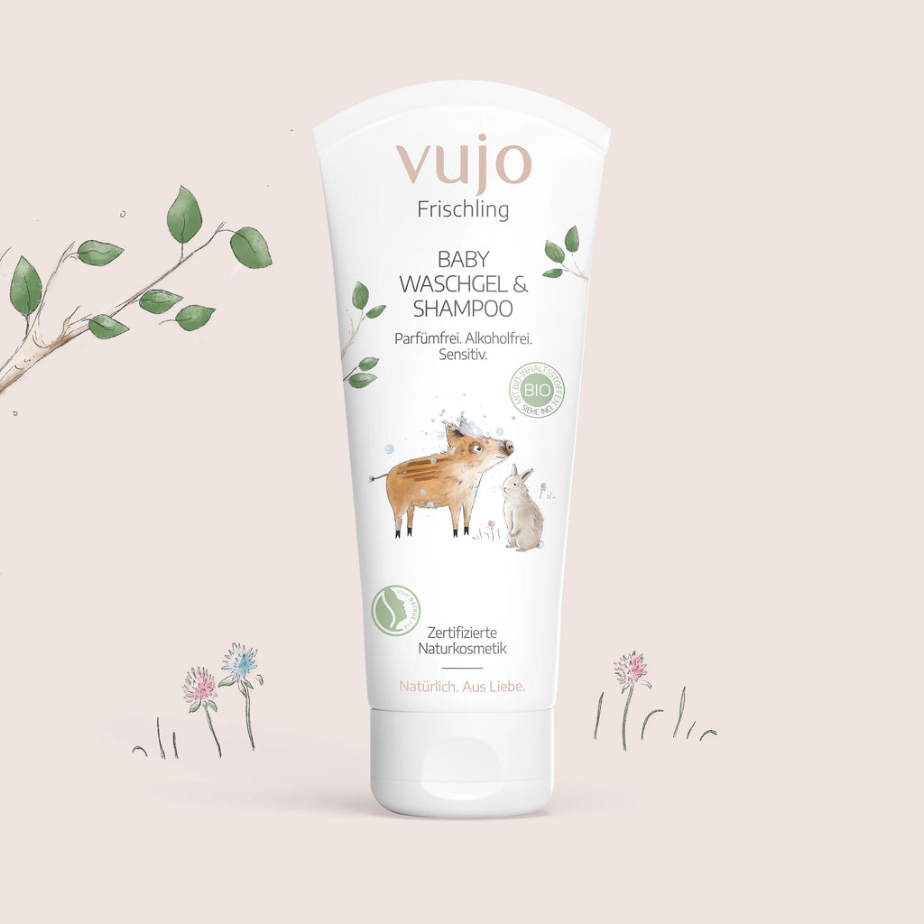 Baby Waschgel und Shampoo Tube im Frischling-Design, parfümfreie 2-in-1 Naturkosmetik von vujo