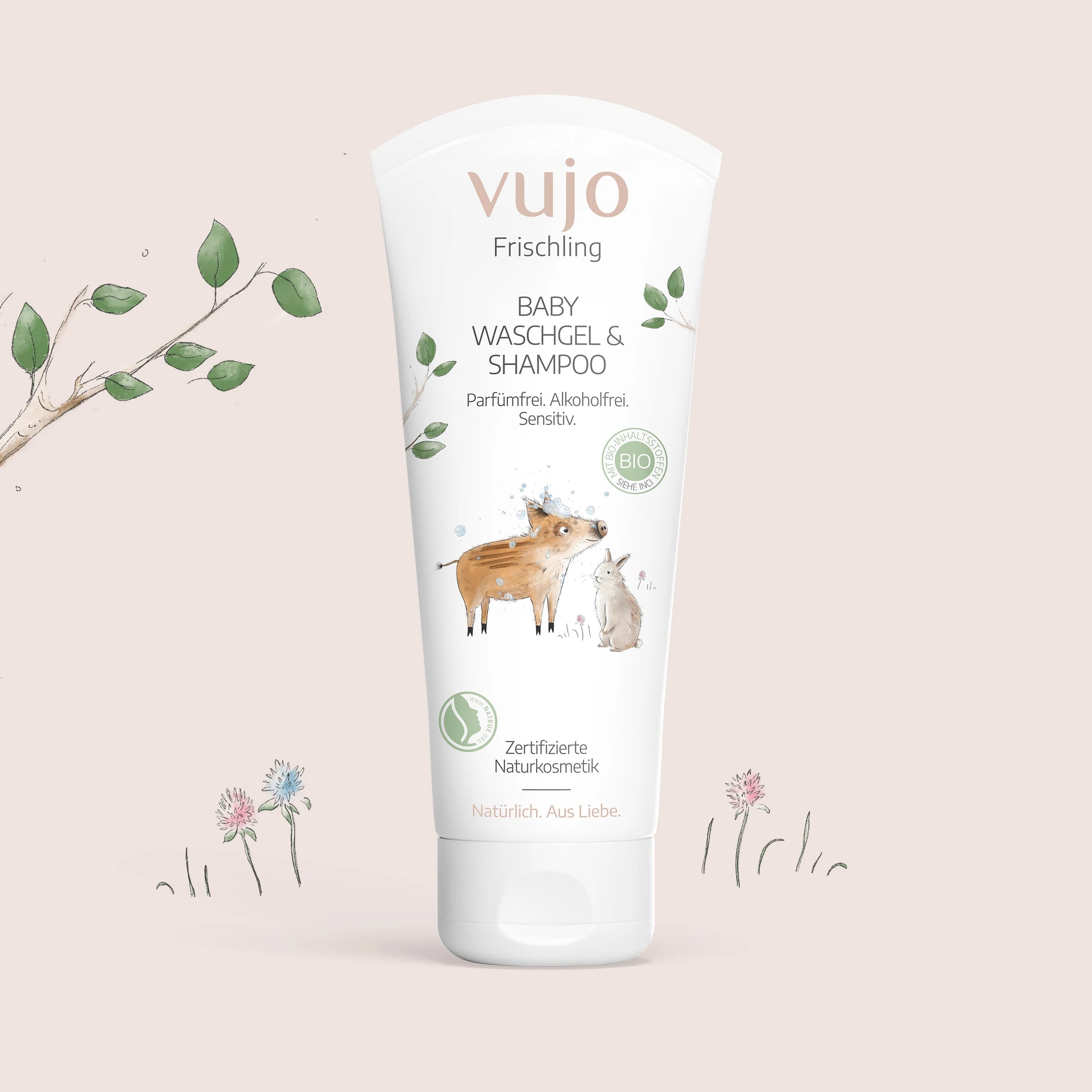 Baby Waschgel und Shampoo Tube im Frischling-Design, parfümfreie 2-in-1 Naturkosmetik von vujo