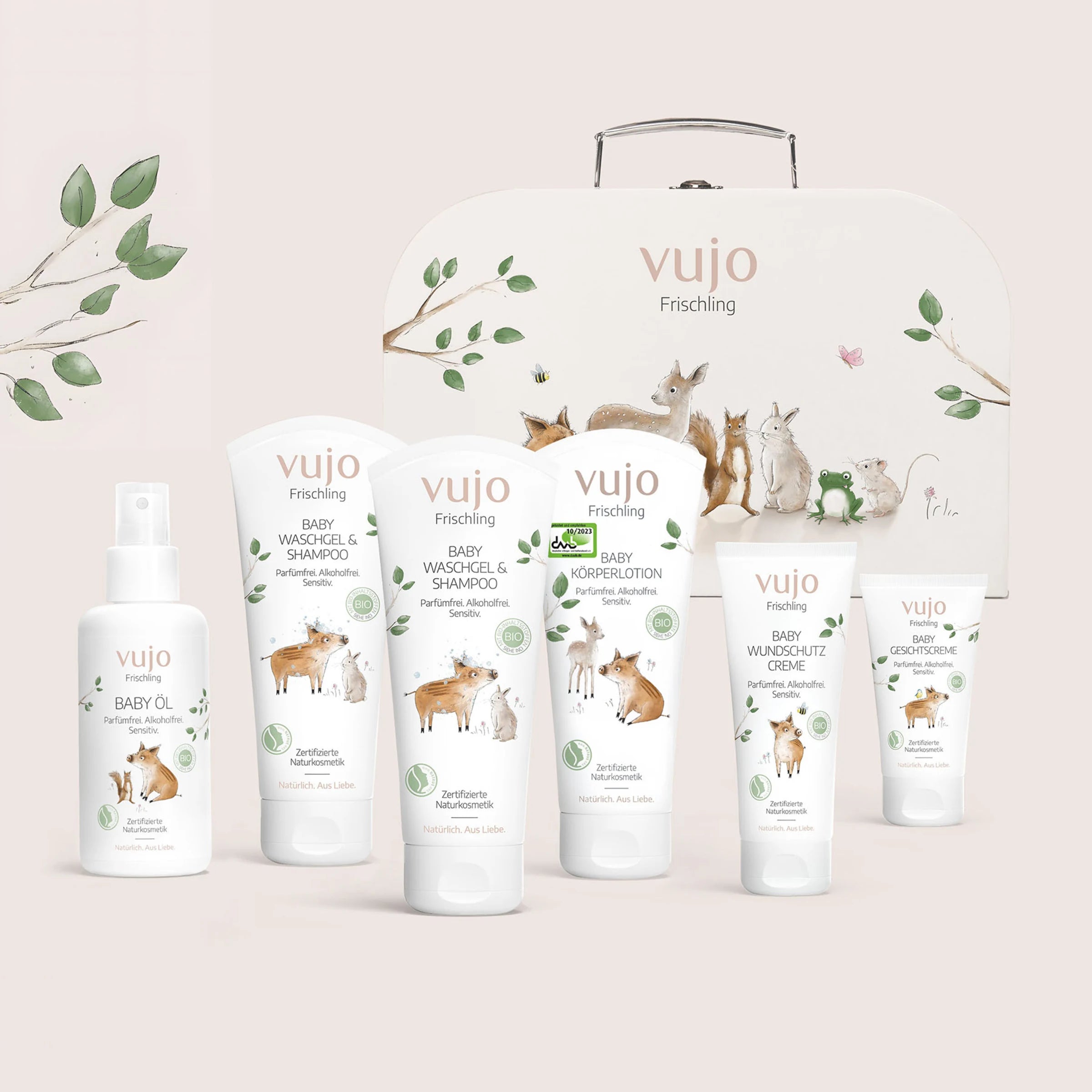 Erstausstattungs-Set mit allen Pflegeprodukten und Frischling-Koffer, parfümfreie NATRUE-Naturkosmetik von vujo
