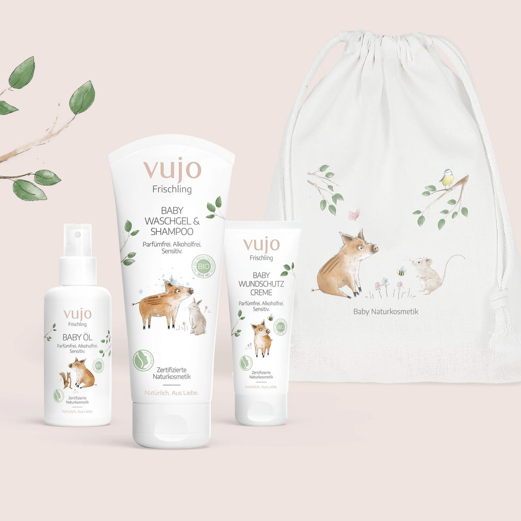 Kleines Erstausstattungs-Set mit drei Pflegeprodukten und Frischling-Beutel, parfümfreie Naturkosmetik von vujo