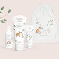 Kleines Erstausstattungs-Set mit drei Pflegeprodukten und Frischling-Beutel, parfümfreie Naturkosmetik von vujo