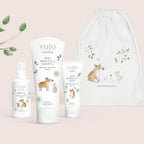 Kleines Erstausstattungs-Set mit drei Pflegeprodukten und Frischling-Beutel, parfümfreie Naturkosmetik von vujo