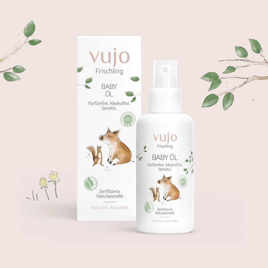 Parfümfreies Baby Öl, Faltschachtel und Flasche im Frischling-Design, NATRUE-zertifizierte Naturkosmetik von vujo