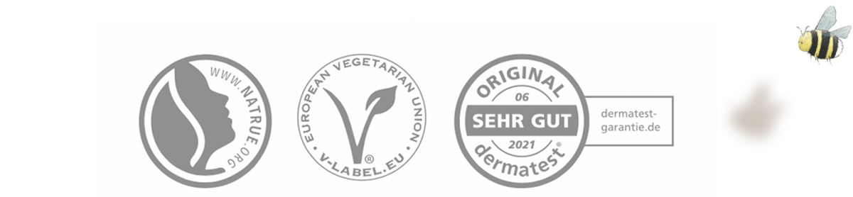 Siegel: NATRUE Naturkosmetik, V-Label Vegan, Dermatest sehr gut