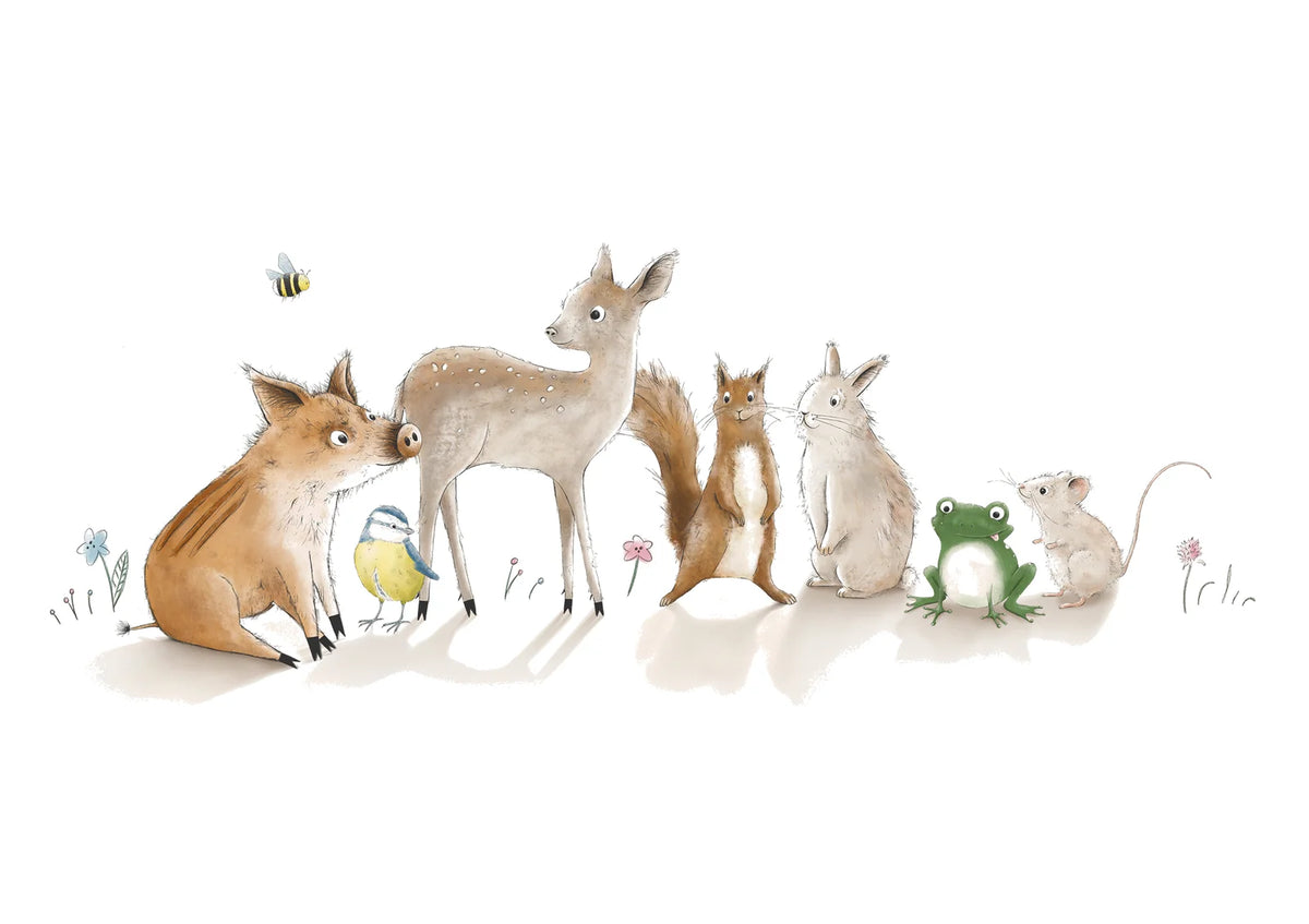 Frischling Paul with deer, squirrel, hare, frog, mouse and bee, signature image of vujo Frischling