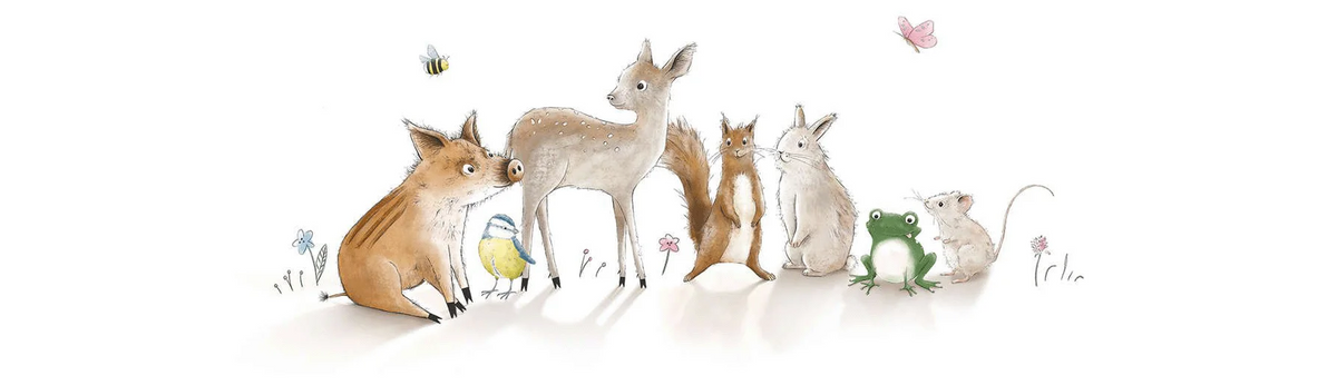 Frischling Paul mit seinen Freunden, Reh, Eichhörnchen, Hase, Maus, Frosch, Meise, Biene und Schmetterling