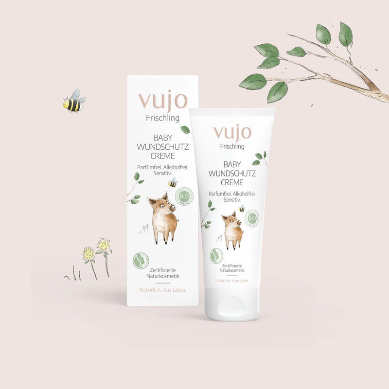 Baby Wundschutzcreme, Faltschachtel und Tube im Frischling-Design, NATRUE-zertifizierte Naturkosmetik von vujo